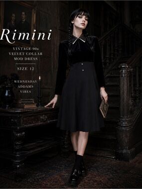 Vintage Rimini Black Velvet Gothic Mod Dress Wednesday Addams Size 12